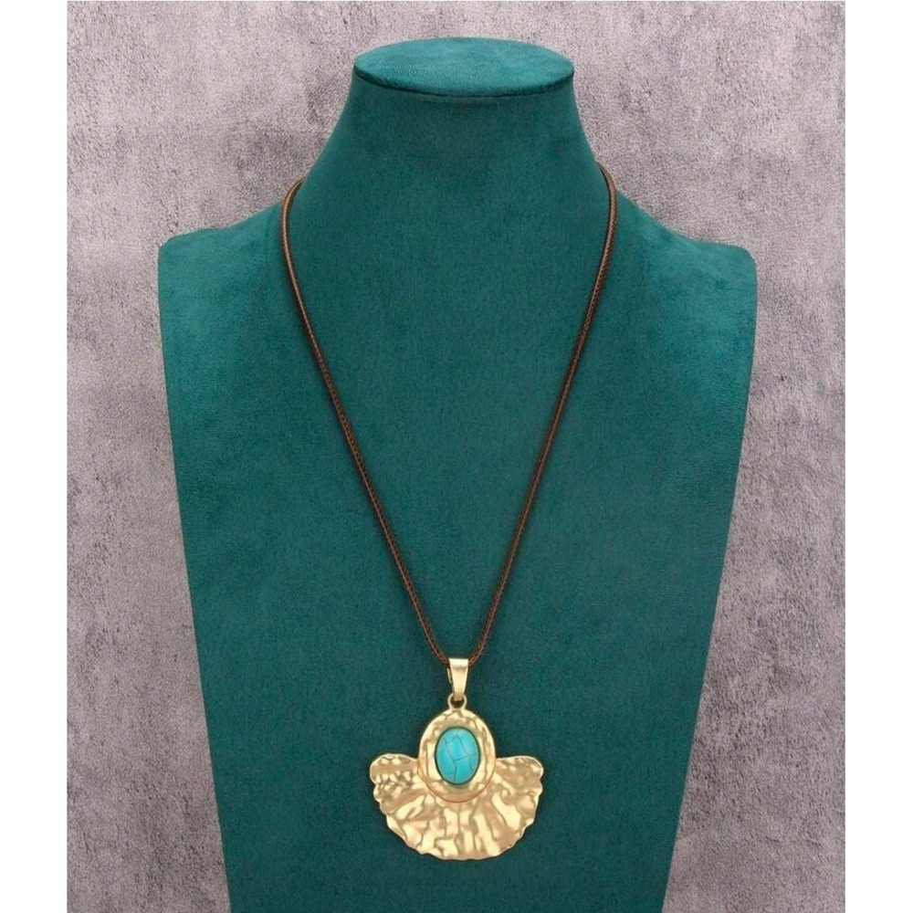 Bohemian Fanned Pendant Necklace Turquoise Stone Gold Tone Cord
